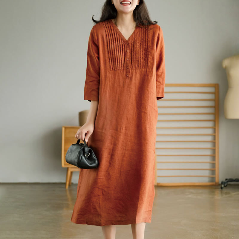 Robe midi Buddha Stones à plis accordéon, col en V, manches mi-longues et poches - Corail - US12，UK/AU16，EU44 (3XL) - image 6