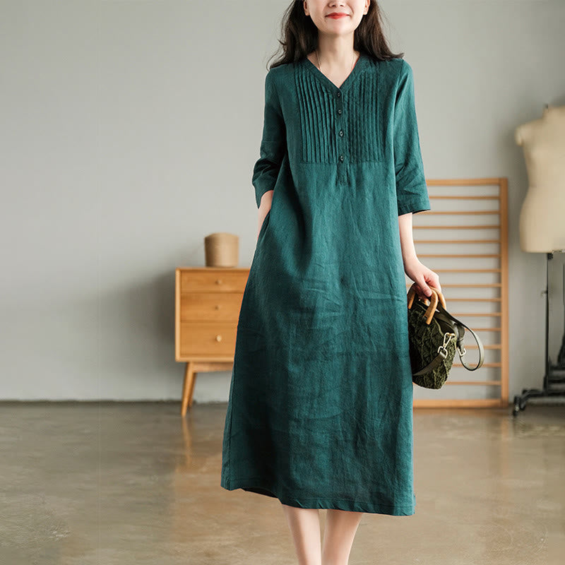 Robe midi Buddha Stones à plis accordéon, col en V, manches mi-longues et poches - Sarcelle - US12，UK/AU16，EU44 (3XL) - image 0