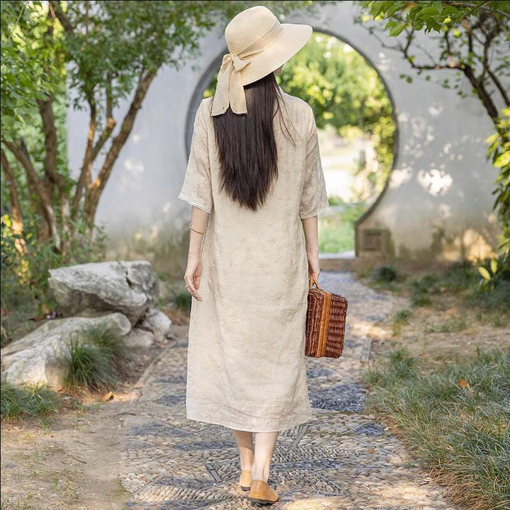 Robe mi - longue décontractée brodée à col oblique et manches mi-longues en ramie avec poches - image 2