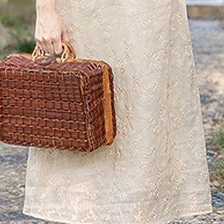 Robe mi - longue décontractée brodée à col oblique et manches mi-longues en ramie avec poches - image 5