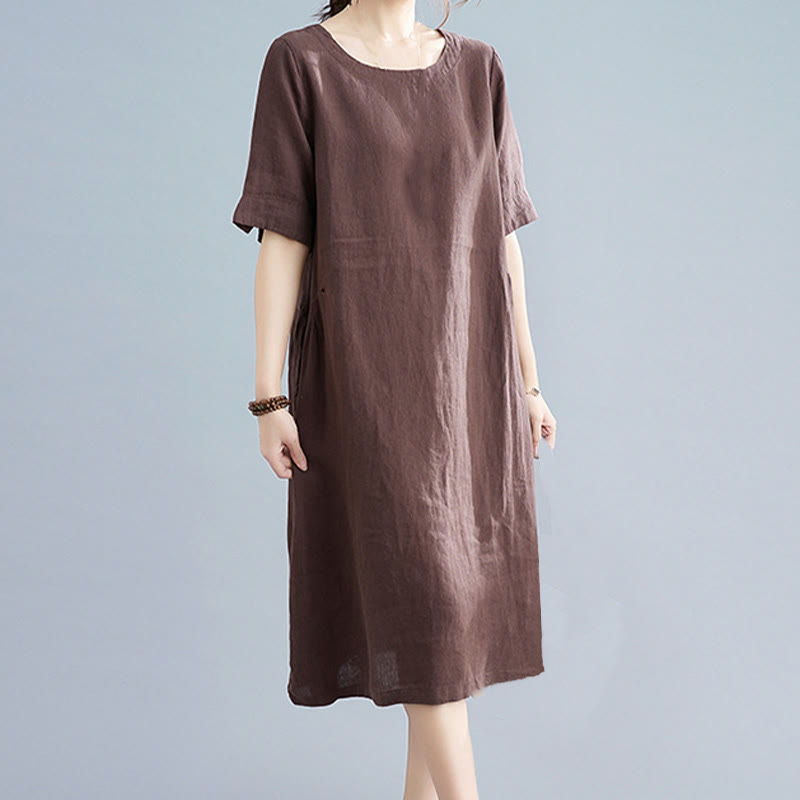 Robe mi-longue décontractée en coton et lin, couleur unie , col ras du cou, manches mi-longues, avec poches - image 8