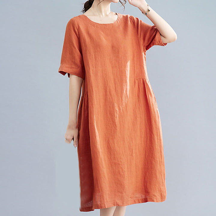 Robe mi-longue décontractée en coton et lin, couleur unie , col ras du cou, manches mi-longues, avec poches - image 17