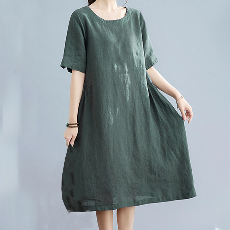 Robe mi-longue décontractée en coton et lin, couleur unie , col ras du cou, manches mi-longues, avec poches - Sarcelle - US8-10，UK/AU12-14，EU40-42 (2XL) - image 1