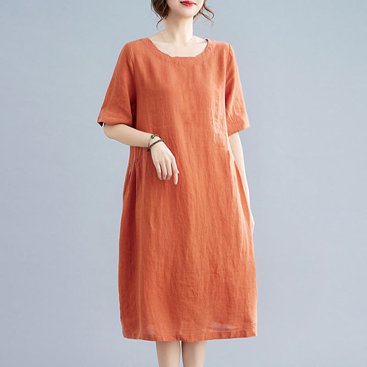 Robe mi-longue décontractée en coton et lin, couleur unie , col ras du cou, manches mi-longues, avec poches - image 15