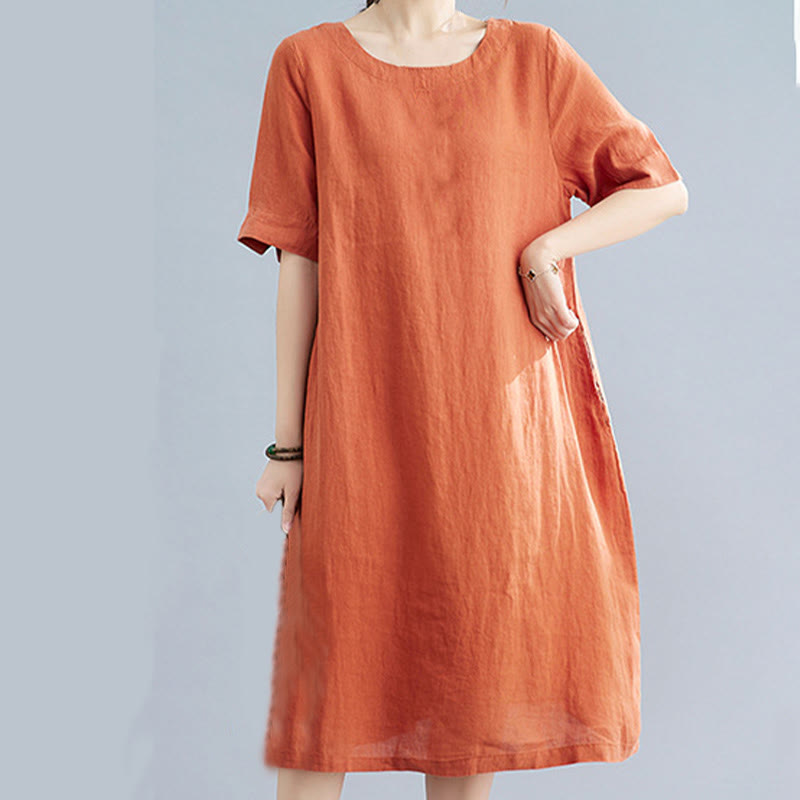 Robe mi-longue décontractée en coton et lin, couleur unie , col ras du cou, manches mi-longues, avec poches - image 14