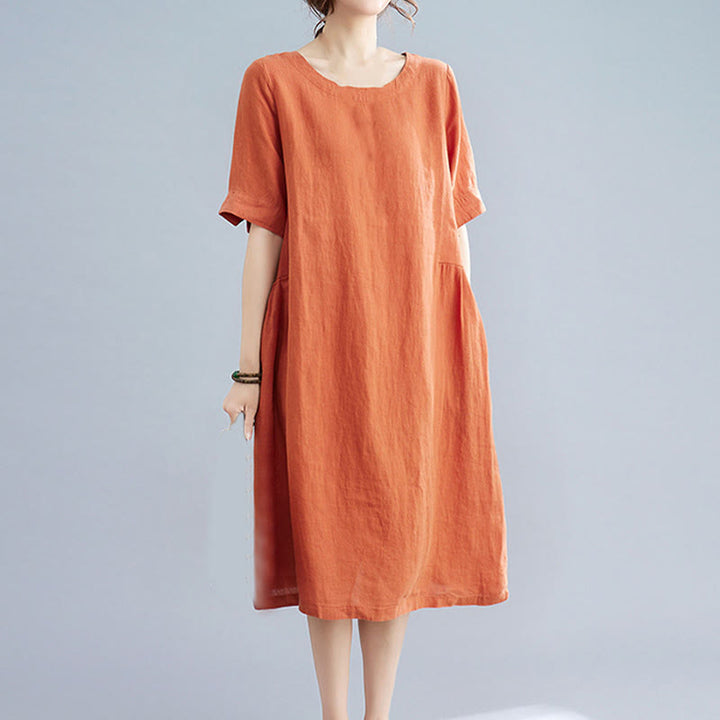 Robe mi-longue décontractée en coton et lin, couleur unie , col ras du cou, manches mi-longues, avec poches - image 16