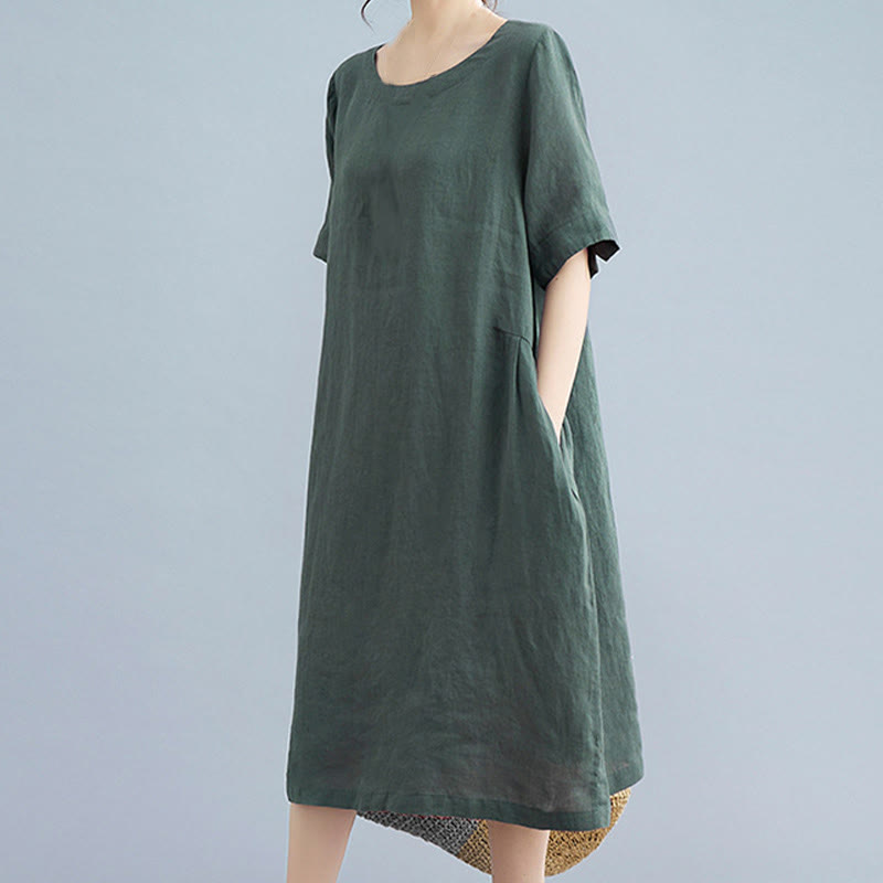 Robe mi-longue décontractée en coton et lin, couleur unie , col ras du cou, manches mi-longues, avec poches - image 3