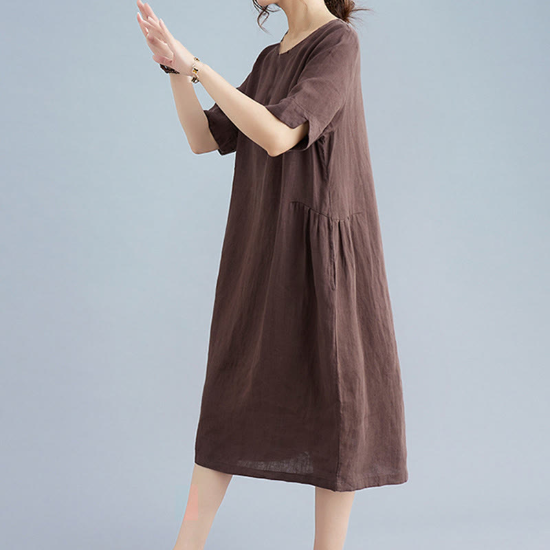 Robe mi-longue décontractée en coton et lin, couleur unie , col ras du cou, manches mi-longues, avec poches - image 11