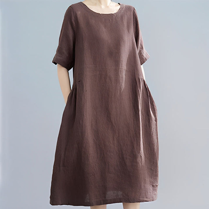 Robe mi-longue décontractée en coton et lin, couleur unie , col ras du cou, manches mi-longues, avec poches - SaddleBrown - US8-10，UK/AU12-14，EU40-42 (2XL) - image 6
