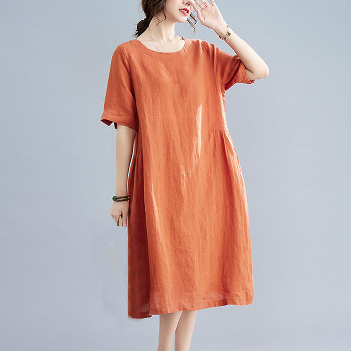 Robe mi-longue décontractée en coton et lin, couleur unie , col ras du cou, manches mi-longues, avec poches - Corail - US8-10，UK/AU12-14，EU40-42 (2XL) - image 13