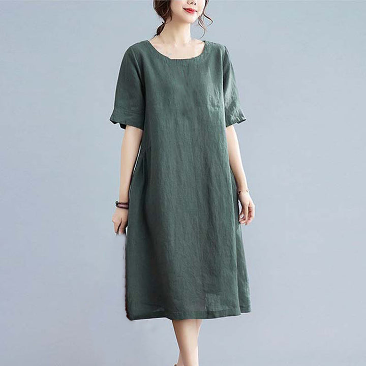 Robe mi-longue décontractée en coton et lin, couleur unie , col ras du cou, manches mi-longues, avec poches - image 4