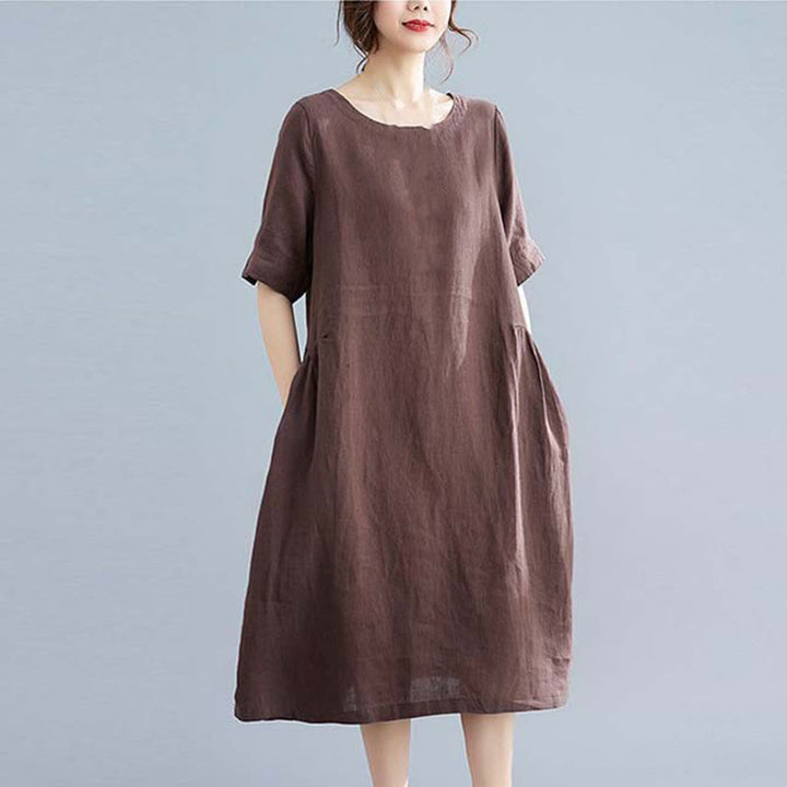 Robe mi-longue décontractée en coton et lin, couleur unie , col ras du cou, manches mi-longues, avec poches - image 10