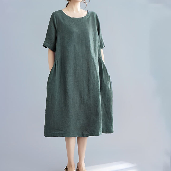 Robe mi-longue décontractée en coton et lin, couleur unie , col ras du cou, manches mi-longues, avec poches - image 5