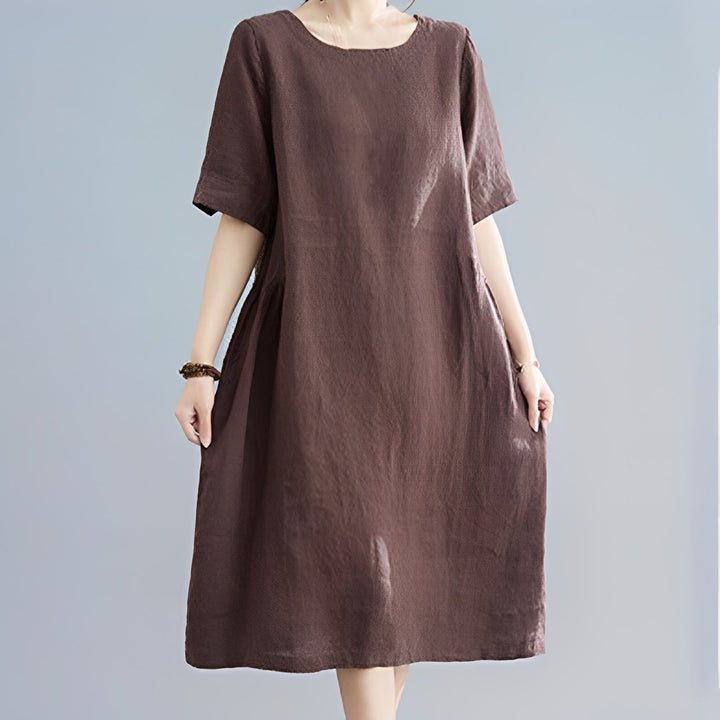 Robe mi-longue décontractée en coton et lin, couleur unie , col ras du cou, manches mi-longues, avec poches - image 12
