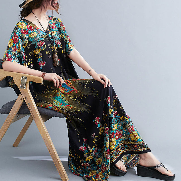 Robe mi-longue décontractée en polyester avec poches et col en V et manches mi-longues, motif floral imprimé Buddha Stones