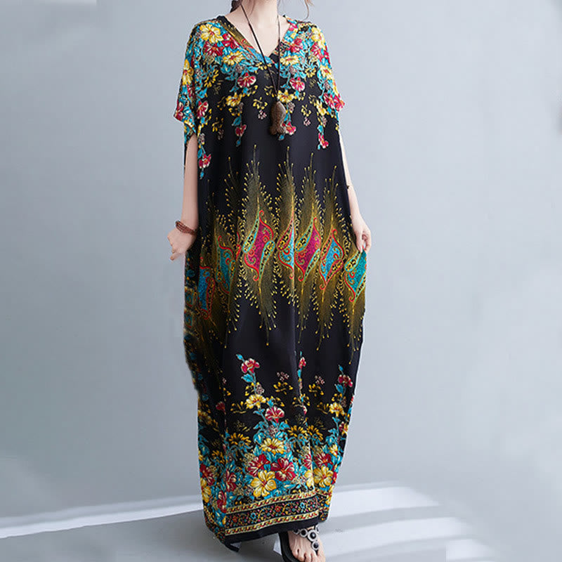 Robe mi-longue décontractée en polyester avec poches et col en V et manches mi-longues, motif floral imprimé Buddha Stones