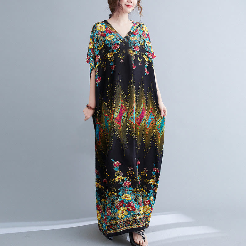 Robe mi-longue décontractée en polyester avec poches et col en V et manches mi-longues, motif floral imprimé Buddha Stones