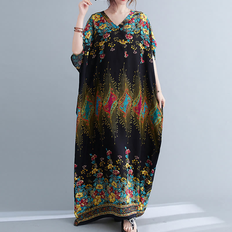 Robe mi-longue décontractée en polyester avec poches et col en V et manches mi-longues, motif floral imprimé Buddha Stones