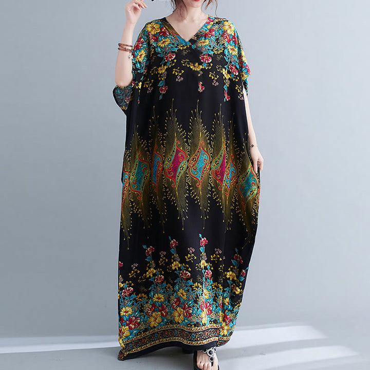 Robe mi-longue décontractée en polyester avec poches et col en V et manches mi-longues, motif floral imprimé Buddha Stones