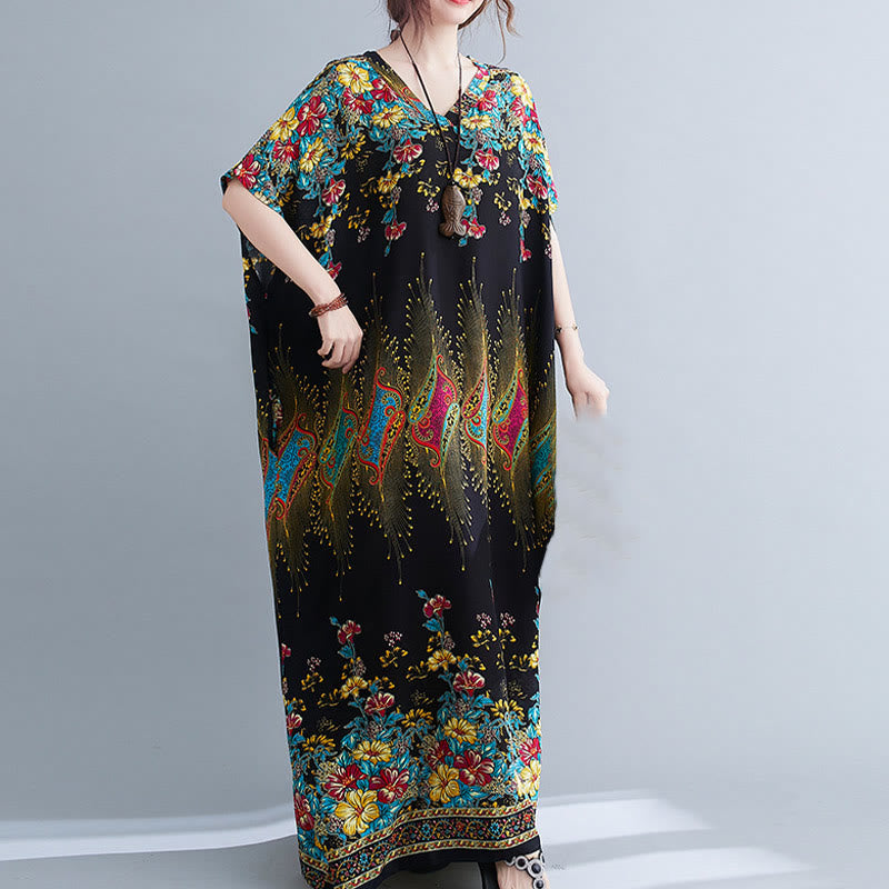 Robe mi-longue décontractée en polyester avec poches et col en V et manches mi-longues, motif floral imprimé Buddha Stones