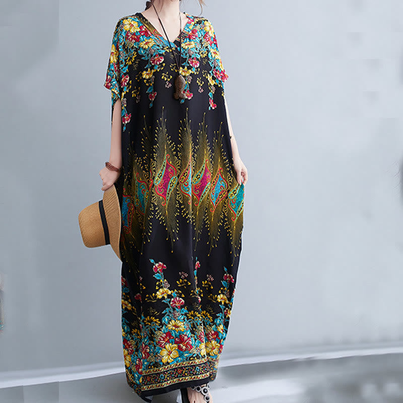 Robe mi-longue décontractée en polyester avec poches et col en V et manches mi-longues, motif floral imprimé Buddha Stones
