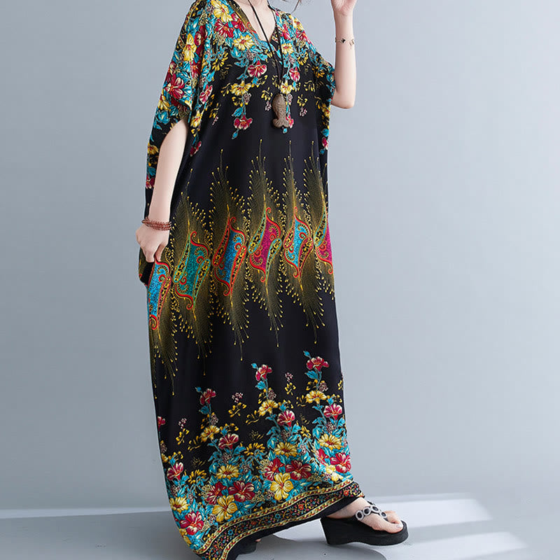 Robe mi-longue décontractée en polyester avec poches et col en V et manches mi-longues, motif floral imprimé Buddha Stones