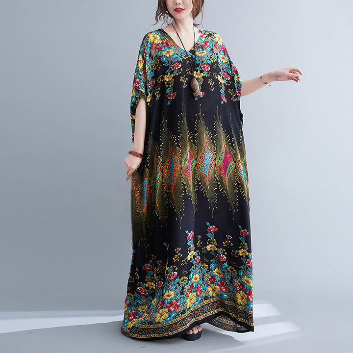 Robe mi-longue décontractée en polyester avec poches et col en V et manches mi-longues, motif floral imprimé Buddha Stones