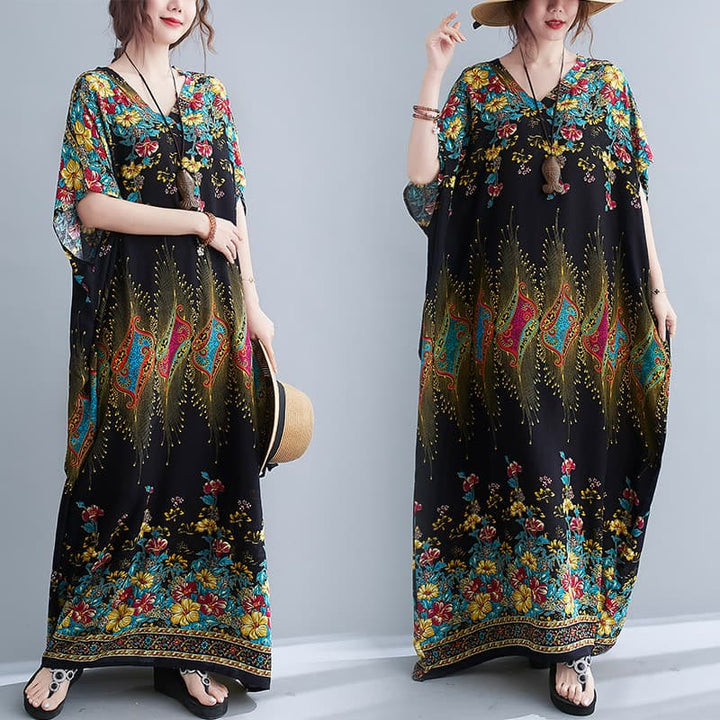 Robe mi-longue décontractée en polyester avec poches et col en V et manches mi-longues, motif floral imprimé Buddha Stones