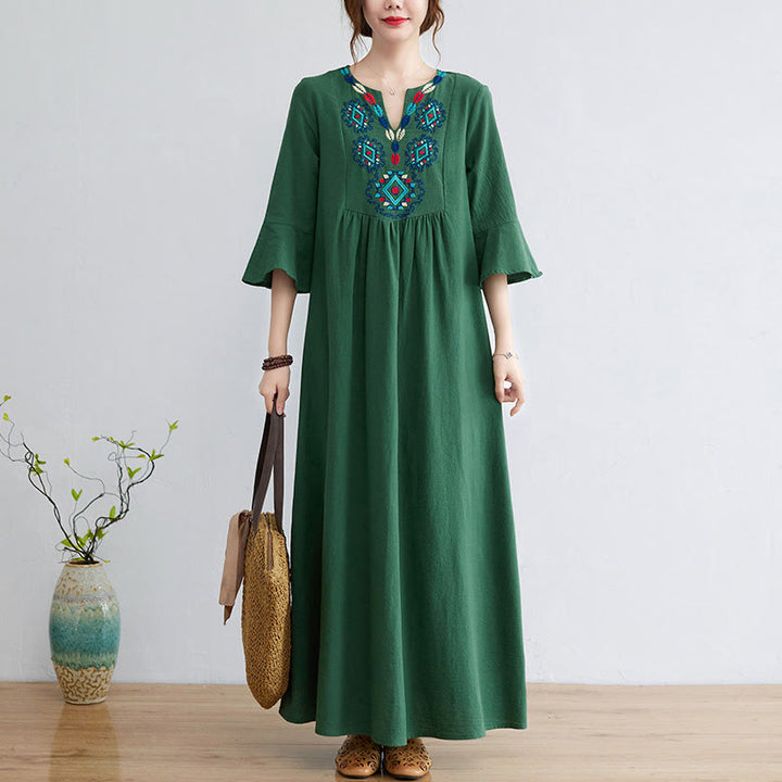 Robe mi-longue décontractée en coton et lin avec motif floral brodé Buddha Stones, col en V, manches trois-quarts - image 18