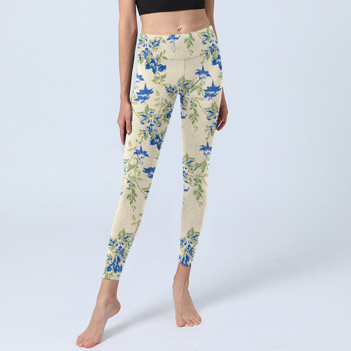 Leggings de fitness décontractés à imprimé feuilles et fleurs bleu foncé Buddha Stones pour femmes - image 6