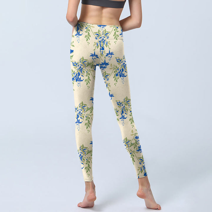 Leggings de fitness décontractés à imprimé feuilles et fleurs bleu foncé Buddha Stones pour femmes - image 6
