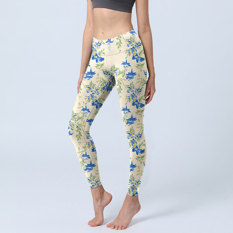 Leggings de fitness décontractés à imprimé feuilles et fleurs bleu foncé Buddha Stones pour femmes - Soie de maïs - US18，UK/AU22，EU50 (4XL) - image 1