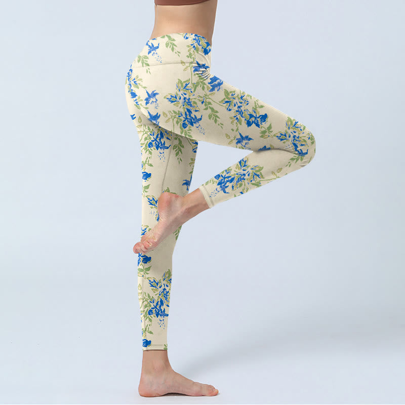 Leggings de fitness décontractés à imprimé feuilles et fleurs bleu foncé Buddha Stones pour femmes - image 4