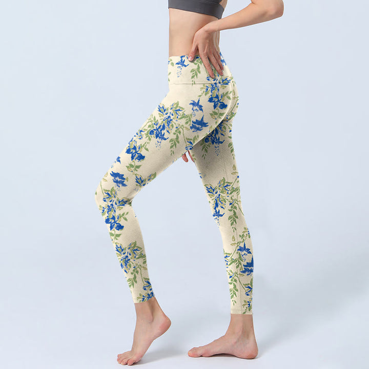 Leggings de fitness décontractés à imprimé feuilles et fleurs bleu foncé Buddha Stones pour femmes - image 3