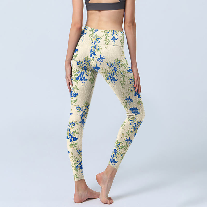 Leggings de fitness décontractés à imprimé feuilles et fleurs bleu foncé Buddha Stones pour femmes - image 5