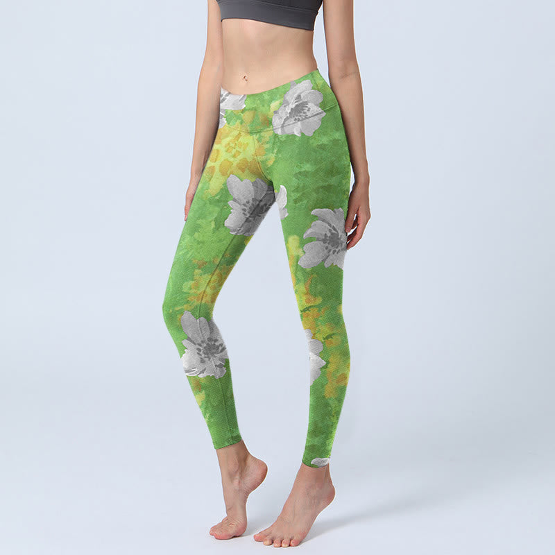 Leggings de sport et de fitness à imprimé fleurs jaunes et vertes avec Buddha Stones Pantalon de yoga pour femme