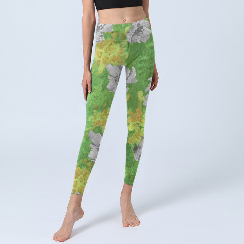 Leggings de sport et de fitness à imprimé fleurs jaunes et vertes avec Buddha Stones Pantalon de yoga pour femme