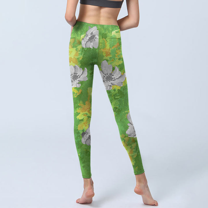 Leggings de sport et de fitness à imprimé fleurs jaunes et vertes avec Buddha Stones Pantalon de yoga pour femme