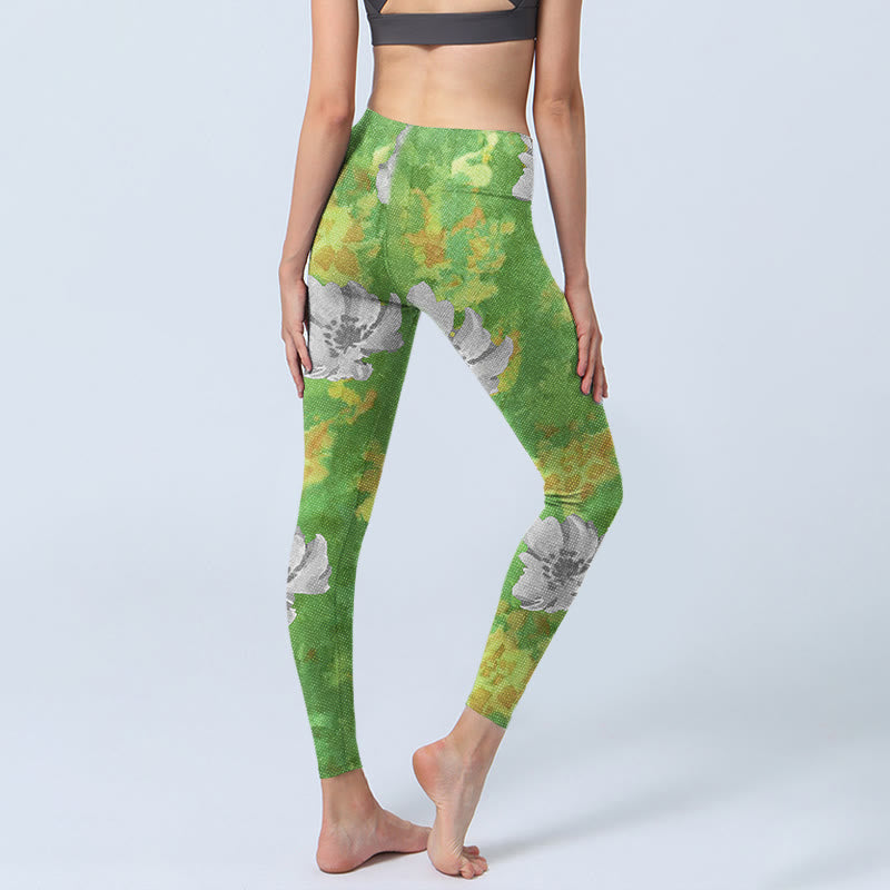 Leggings de sport et de fitness à imprimé fleurs jaunes et vertes avec Buddha Stones Pantalon de yoga pour femme