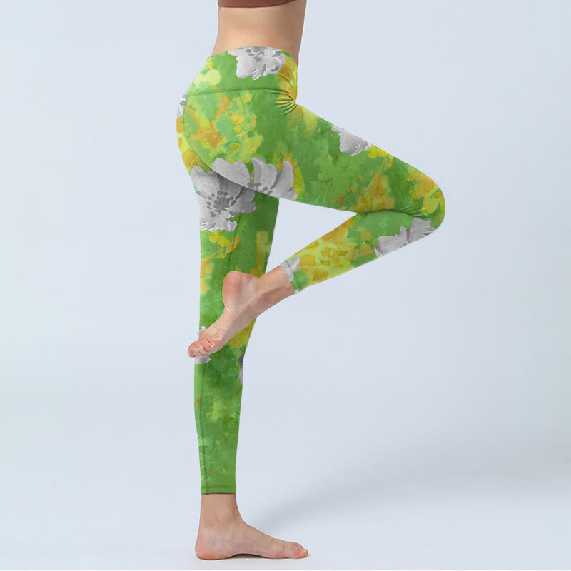 Leggings de sport et de fitness à imprimé fleurs jaunes et vertes avec Buddha Stones Pantalon de yoga pour femme