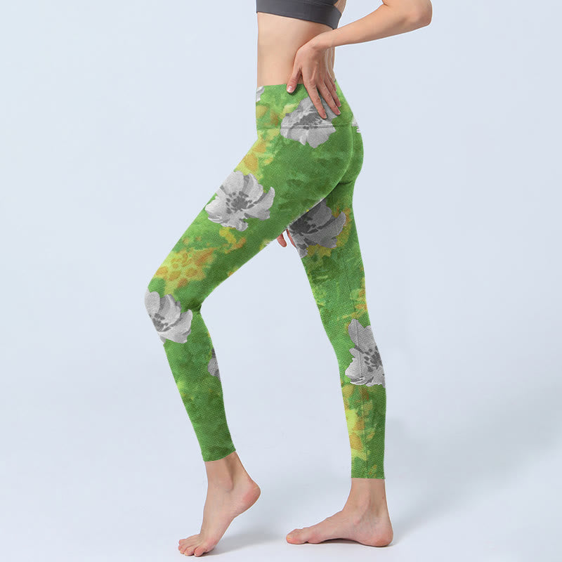 Leggings de sport et de fitness à imprimé fleurs jaunes et vertes avec Buddha Stones Pantalon de yoga pour femme