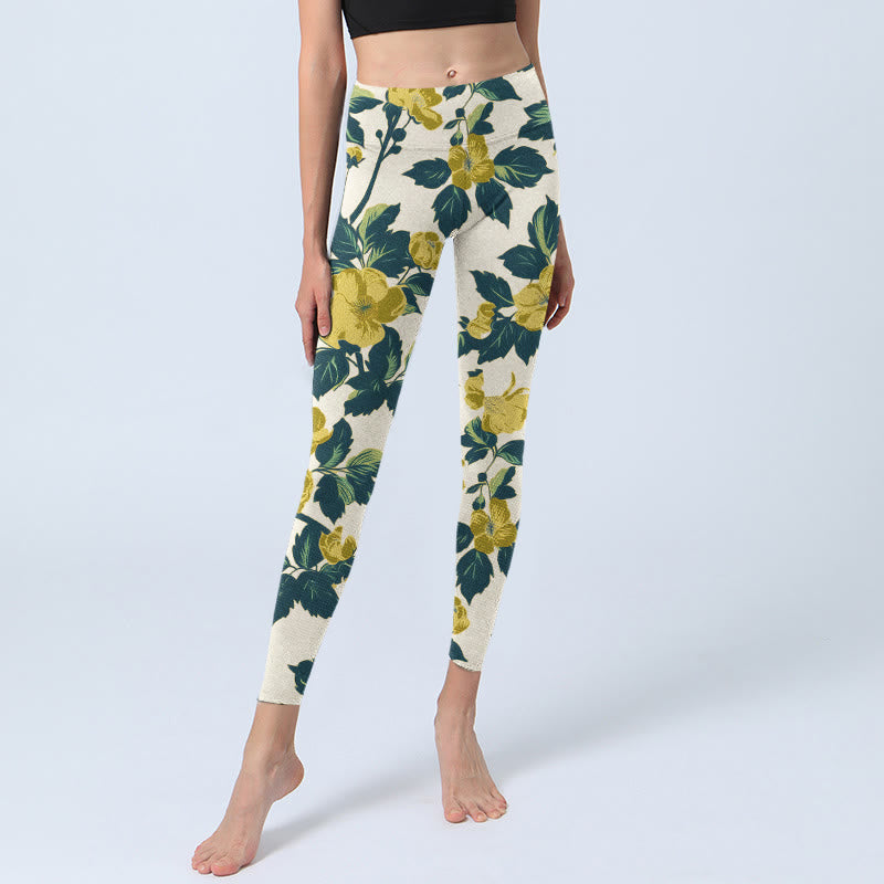 Leggings de fitness et de gym imprimé Buddha Stones , fleurs jaunes et feuilles vertes, pantalons de yoga pour femmes - image 6