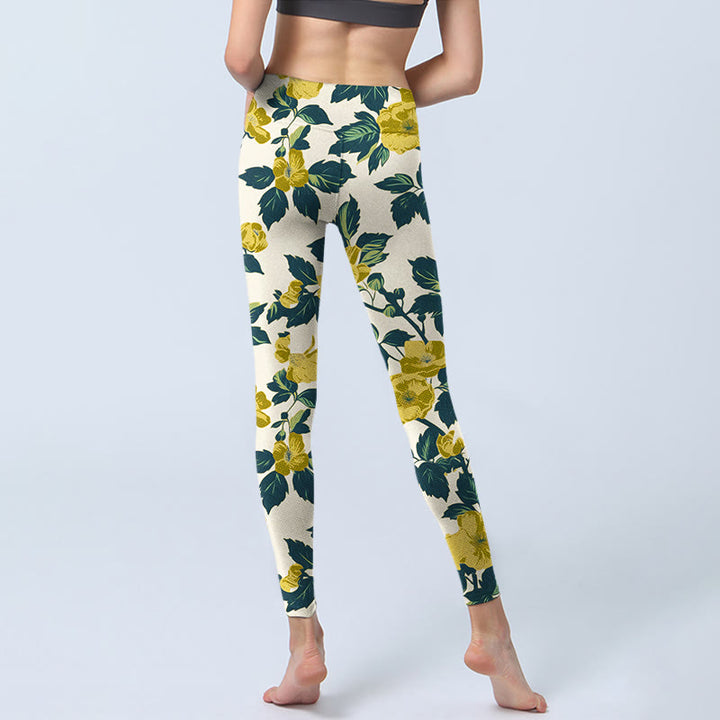 Leggings de fitness et de gym imprimé Buddha Stones , fleurs jaunes et feuilles vertes, pantalons de yoga pour femmes - image 6
