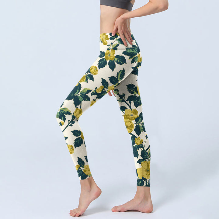 Leggings de fitness et de gym imprimé Buddha Stones , fleurs jaunes et feuilles vertes, pantalons de yoga pour femmes - image 3