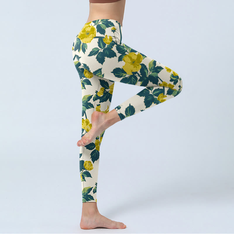 Leggings de fitness et de gym imprimé Buddha Stones , fleurs jaunes et feuilles vertes, pantalons de yoga pour femmes - image 3