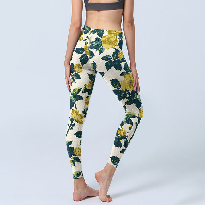Leggings de fitness et de gym imprimé Buddha Stones , fleurs jaunes et feuilles vertes, pantalons de yoga pour femmes - image 4