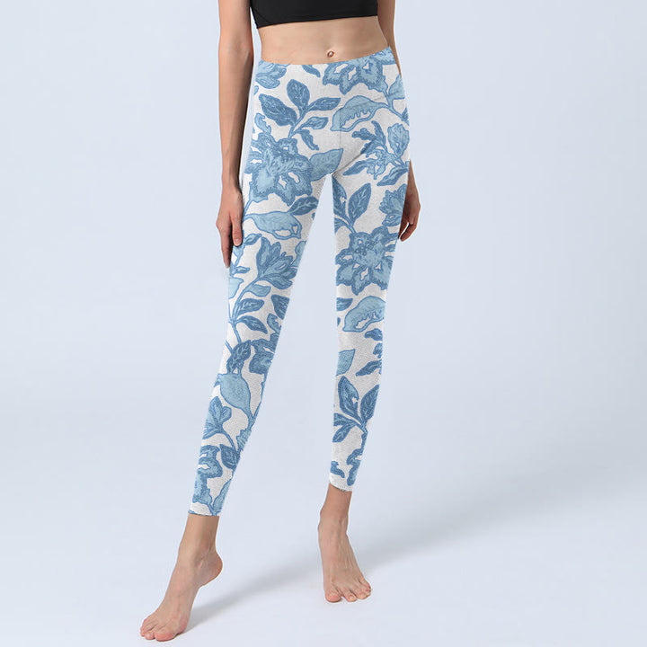 Leggings de sport et de fitness à imprimé fleurs et feuilles bleu pâle Buddha Stones Pantalon de yoga pour femme - image 5