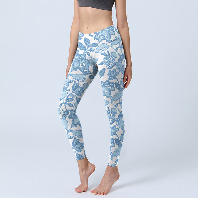 Leggings de sport et de fitness à imprimé fleurs et feuilles bleu pâle Buddha Stones Pantalon de yoga pour femme - AliceBlue - US18，UK/AU22，EU50 (4XL) - image 1