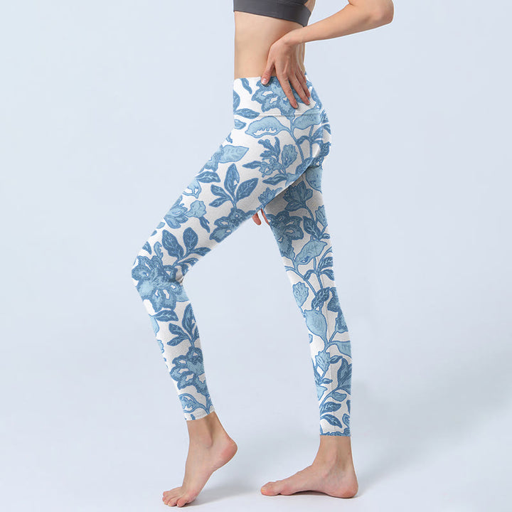 Leggings de sport et de fitness à imprimé fleurs et feuilles bleu pâle Buddha Stones Pantalon de yoga pour femme - image 3
