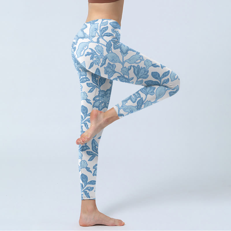 Leggings de sport et de fitness à imprimé fleurs et feuilles bleu pâle Buddha Stones Pantalon de yoga pour femme - image 4